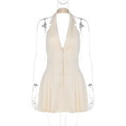 Women's Clothing 2025 Summer New Style Temperament Sexy Dress Hanging Neck Sexy Deep V Suit Collar Cardigan Ruffle Edge Dress