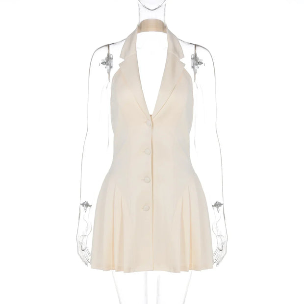 Women's Clothing 2025 Summer New Style Temperament Sexy Dress Hanging Neck Sexy Deep V Suit Collar Cardigan Ruffle Edge Dress