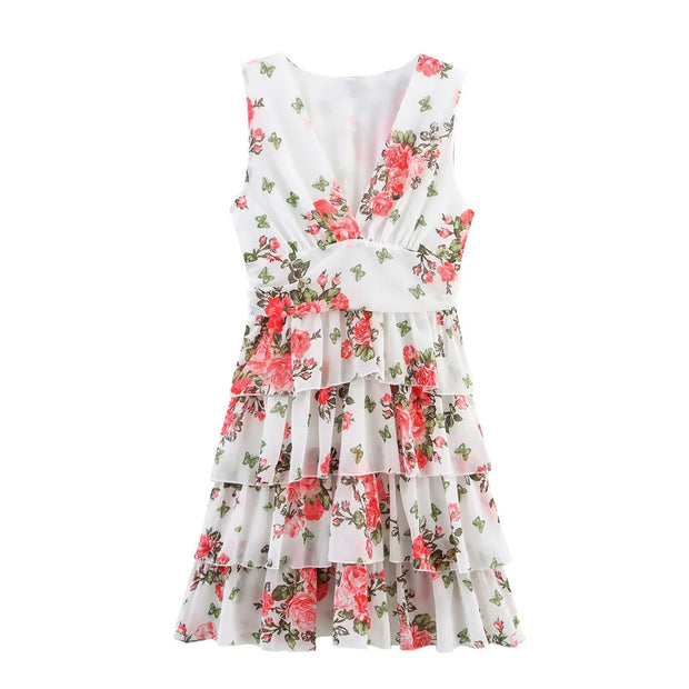 New women's clothing European and American style fashionable simple chiffon multi-layer printed sleeveless dress