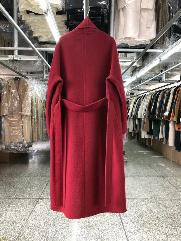 New Women Bathrobe Style Double Sided Wool Coat Loose Big Turn-Down Collar Long Sleeve Fashion Warm Wool Jacket Autumn Winter