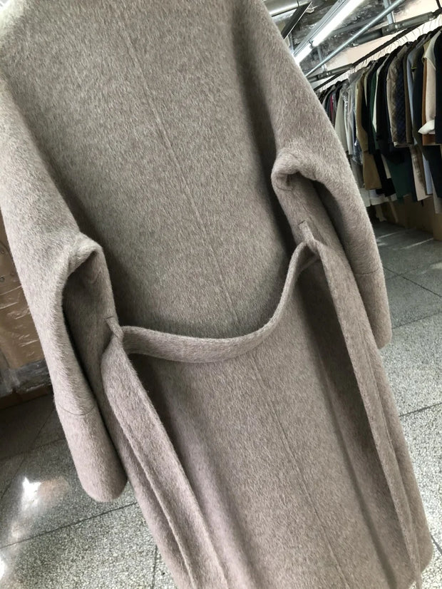 New Women Bathrobe Style Double Sided Wool Coat Loose Big Turn-Down Collar Long Sleeve Fashion Warm Wool Jacket Autumn Winter