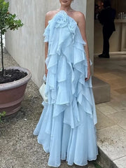 New Women's Clothing European and American Style Fashion Simple Casual Three-Dimensional Flower Layered Decorative Dress