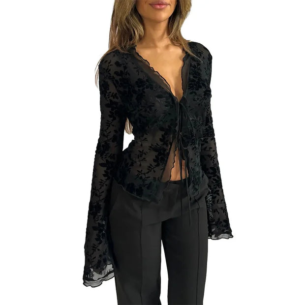 Women s Chiffon Blouse with Flared Sleeves V Neck Elegant Office Wear Autumn 2025 New Fashion Ruffle Trim Chic Style woman cloth