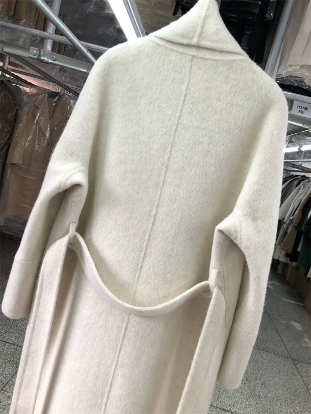 New Women Bathrobe Style Double Sided Wool Coat Loose Big Turn-Down Collar Long Sleeve Fashion Warm Wool Jacket Autumn Winter