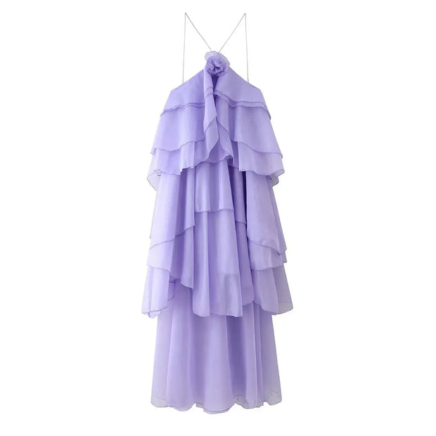New Women's Clothing European and American Style Fashion Simple Casual Three-Dimensional Flower Layered Decorative Dress