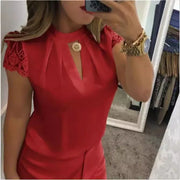 Women's Clothing Women Shirts Blouse high neck deep V-back zipper lace lace lace sleeve patchwork stand up collar shirt Blouses