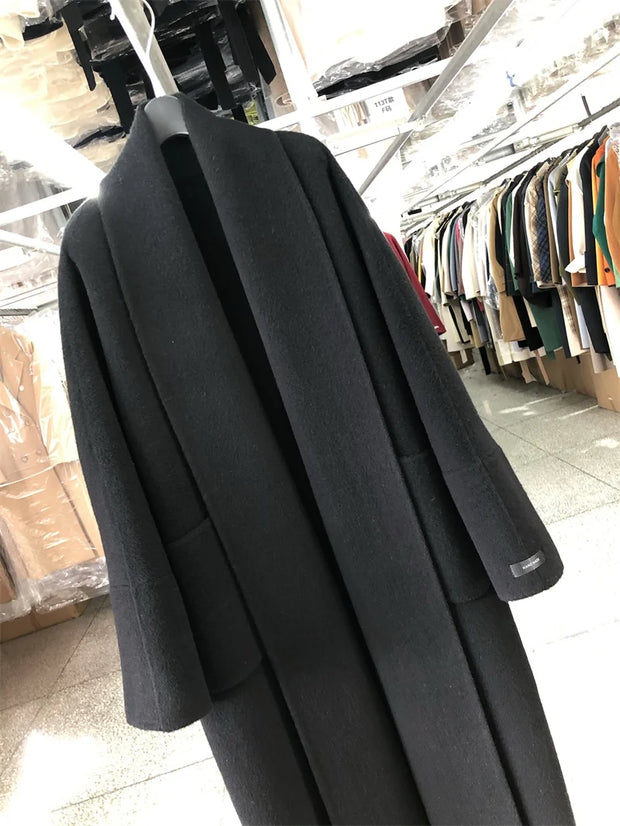 New Women Bathrobe Style Double Sided Wool Coat Loose Big Turn-Down Collar Long Sleeve Fashion Warm Wool Jacket Autumn Winter
