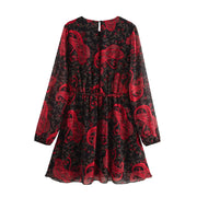 New Women's Clothing European and American Style Fashionable and Versatile Temperament Cashew Chiffon Lining Lace-up Dress