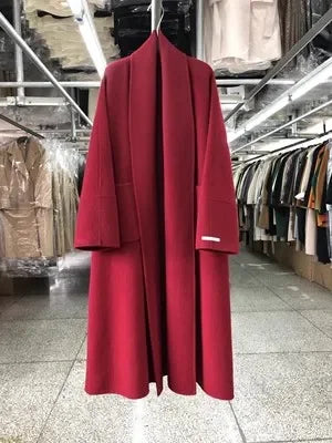 New Women Bathrobe Style Double Sided Wool Coat Loose Big Turn-Down Collar Long Sleeve Fashion Warm Wool Jacket Autumn Winter