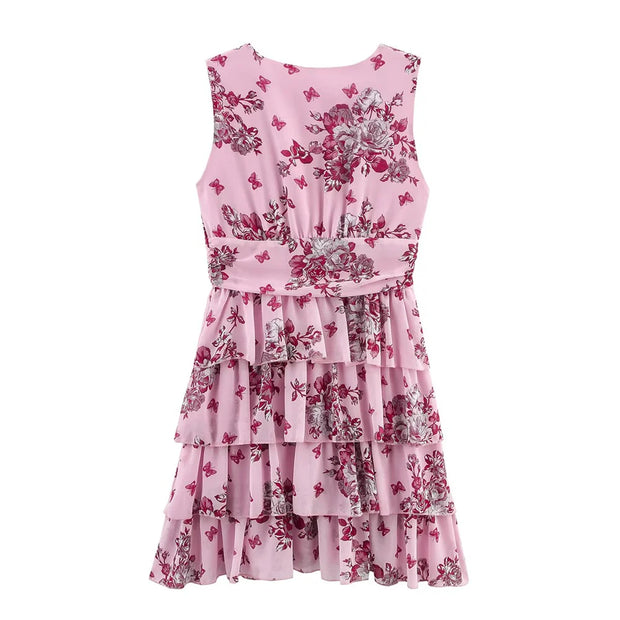 New women's clothing European and American style fashionable simple chiffon multi-layer printed sleeveless dress
