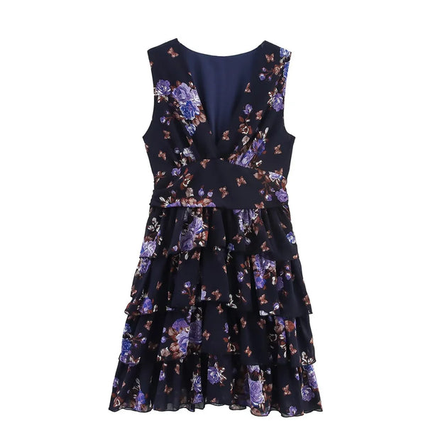 New women's clothing European and American style fashionable simple chiffon multi-layer printed sleeveless dress