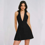 Women's Clothing 2025 Summer New Style Temperament Sexy Dress Hanging Neck Sexy Deep V Suit Collar Cardigan Ruffle Edge Dress