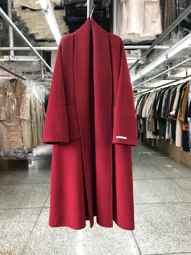 New Women Bathrobe Style Double Sided Wool Coat Loose Big Turn-Down Collar Long Sleeve Fashion Warm Wool Jacket Autumn Winter
