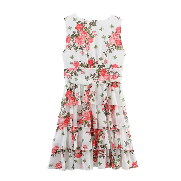 New women's clothing European and American style fashionable simple chiffon multi-layer printed sleeveless dress