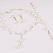 4pcs Gold-color Necklace Earring Bracelet Set Ladies Elegant Imitation-Pearls Collection Temperament Tassel Jewelry