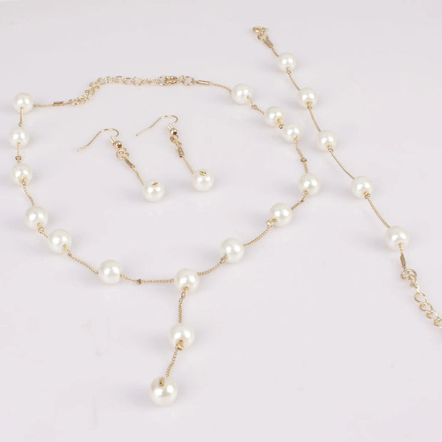 4pcs Gold-color Necklace Earring Bracelet Set Ladies Elegant Imitation-Pearls Collection Temperament Tassel Jewelry