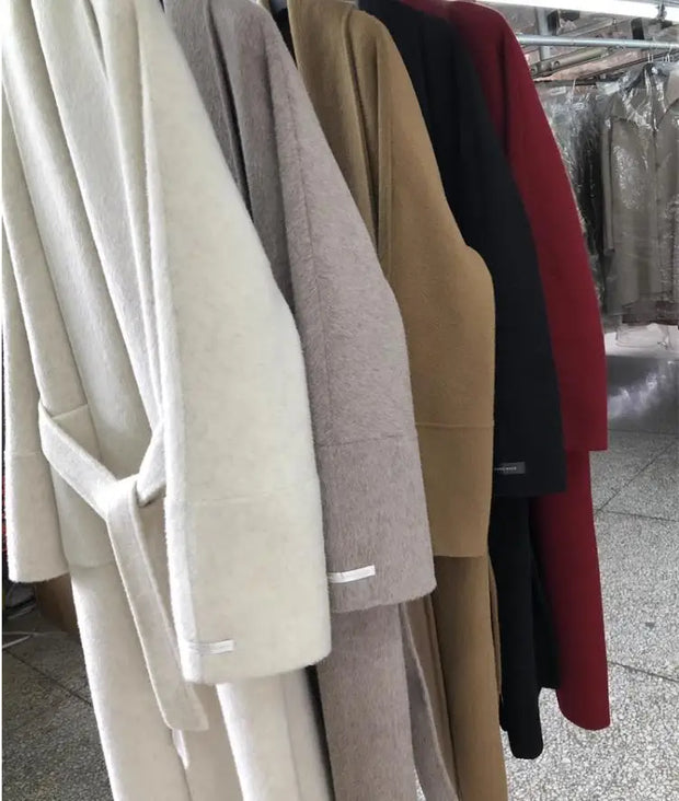 New Women Bathrobe Style Double Sided Wool Coat Loose Big Turn-Down Collar Long Sleeve Fashion Warm Wool Jacket Autumn Winter
