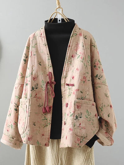 Women Clothing 2025 New Autumn Winter Chinese Style Oversized Parkas Vintage Literary Floral Print Quilted Outerwear Tops