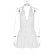 Women's Clothing 2025 Summer New Style Temperament Sexy Dress Hanging Neck Sexy Deep V Suit Collar Cardigan Ruffle Edge Dress