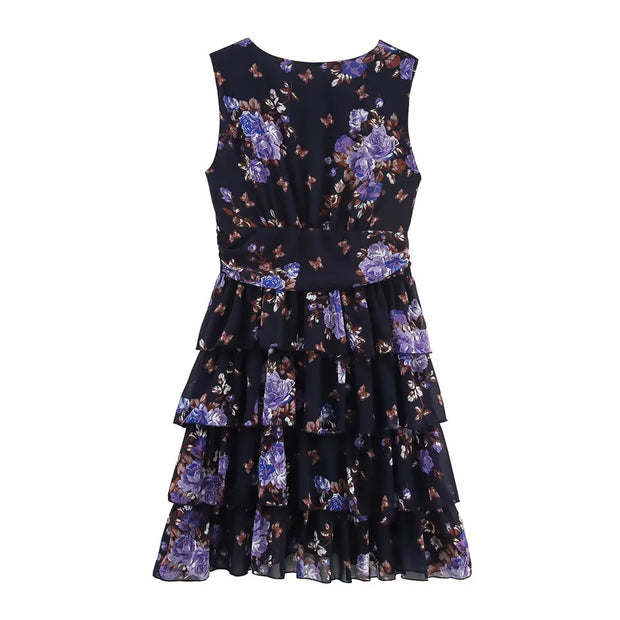 New women's clothing European and American style fashionable simple chiffon multi-layer printed sleeveless dress