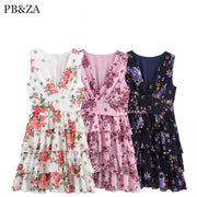 New women's clothing European and American style fashionable simple chiffon multi-layer printed sleeveless dress