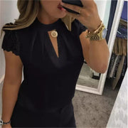Women's Clothing Women Shirts Blouse high neck deep V-back zipper lace lace lace sleeve patchwork stand up collar shirt Blouses