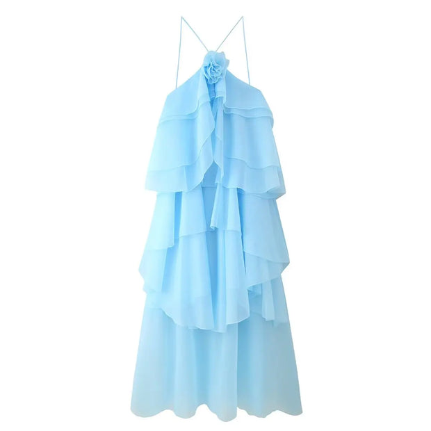 New Women's Clothing European and American Style Fashion Simple Casual Three-Dimensional Flower Layered Decorative Dress