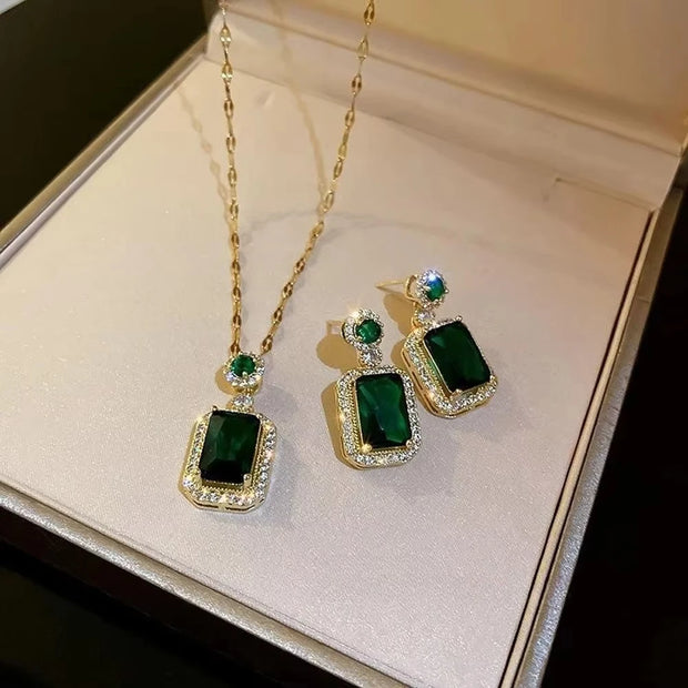 Classic Women's Three Piece Jewelry Set Statement: Jadeite Ring, Fashion Green Zircon Ring, Earrings, Necklace, Wedding Jewelry