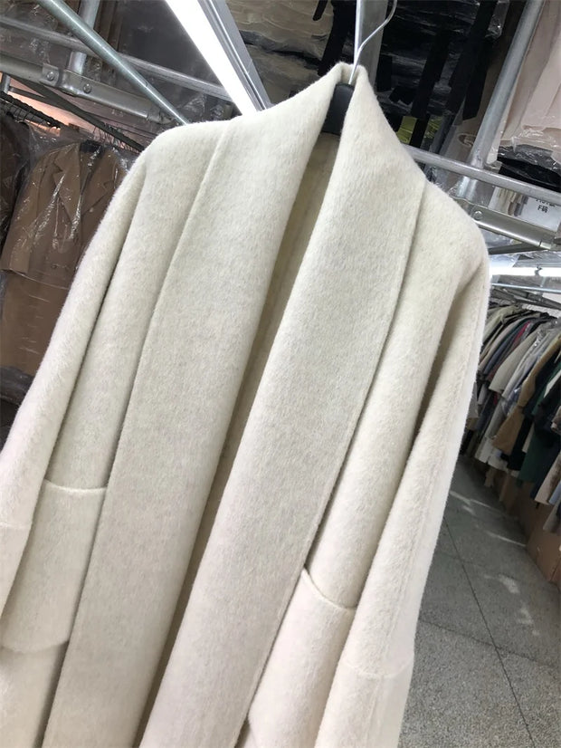 New Women Bathrobe Style Double Sided Wool Coat Loose Big Turn-Down Collar Long Sleeve Fashion Warm Wool Jacket Autumn Winter