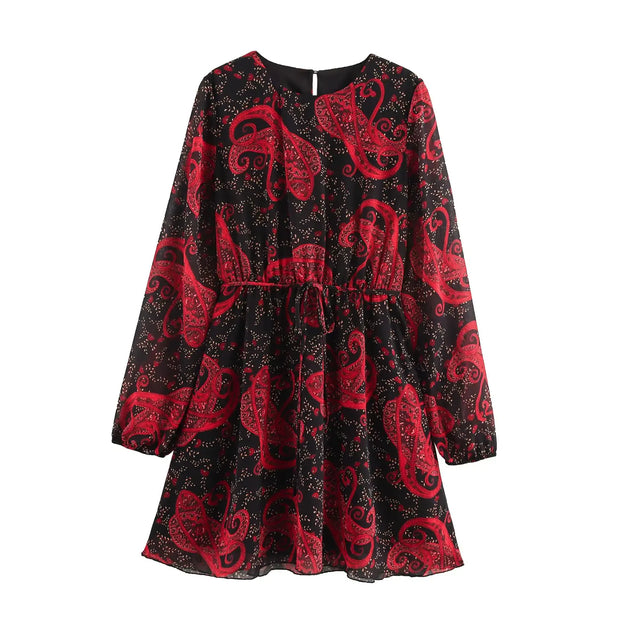 New Women's Clothing European and American Style Fashionable and Versatile Temperament Cashew Chiffon Lining Lace-up Dress