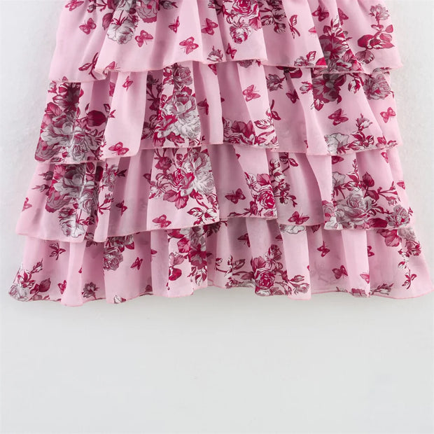 New women's clothing European and American style fashionable simple chiffon multi-layer printed sleeveless dress