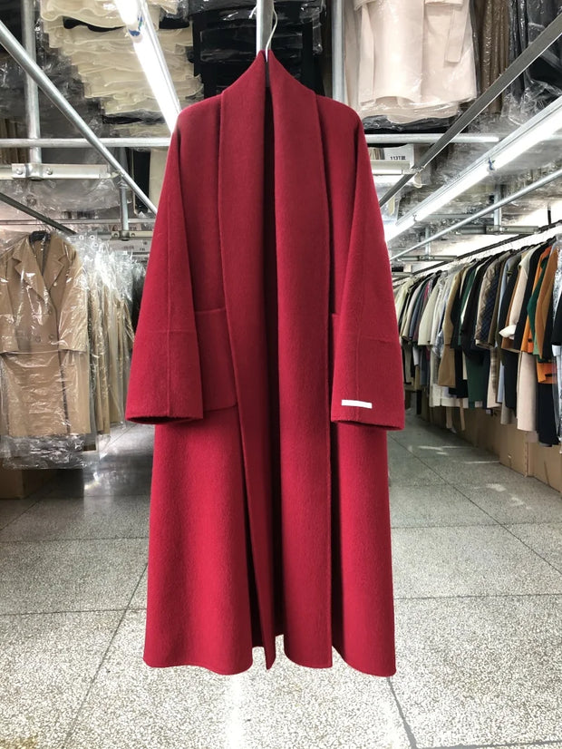 New Women Bathrobe Style Double Sided Wool Coat Loose Big Turn-Down Collar Long Sleeve Fashion Warm Wool Jacket Autumn Winter