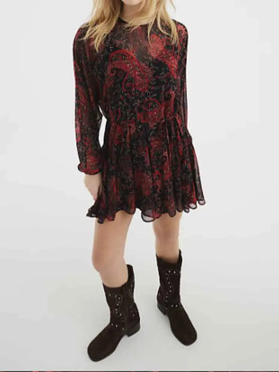 New Women's Clothing European and American Style Fashionable and Versatile Temperament Cashew Chiffon Lining Lace-up Dress