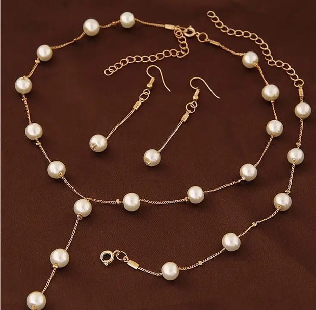 4pcs Gold-color Necklace Earring Bracelet Set Ladies Elegant Imitation-Pearls Collection Temperament Tassel Jewelry