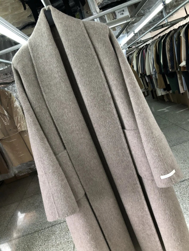 New Women Bathrobe Style Double Sided Wool Coat Loose Big Turn-Down Collar Long Sleeve Fashion Warm Wool Jacket Autumn Winter
