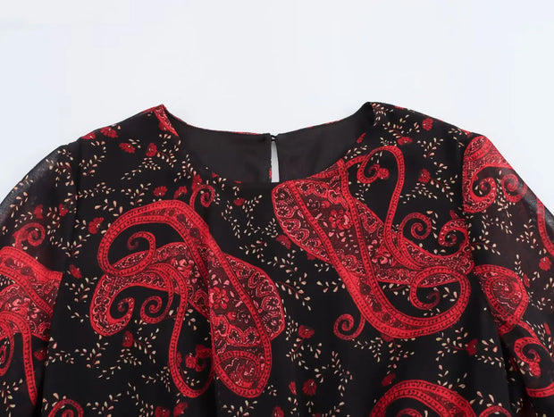New Women's Clothing European and American Style Fashionable and Versatile Temperament Cashew Chiffon Lining Lace-up Dress