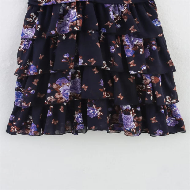 New women's clothing European and American style fashionable simple chiffon multi-layer printed sleeveless dress