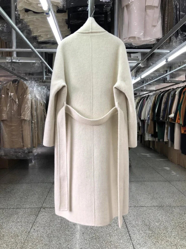 New Women Bathrobe Style Double Sided Wool Coat Loose Big Turn-Down Collar Long Sleeve Fashion Warm Wool Jacket Autumn Winter