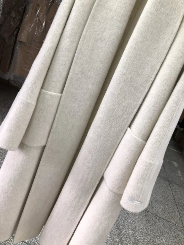 New Women Bathrobe Style Double Sided Wool Coat Loose Big Turn-Down Collar Long Sleeve Fashion Warm Wool Jacket Autumn Winter
