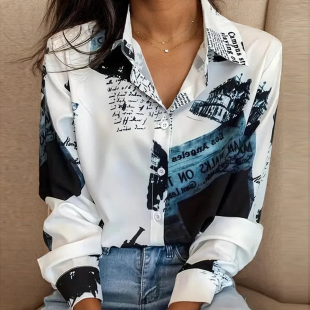 Vintage Print Women Blouse Shirt Fashion Long Sleeve Turn-down Collar Button Shirts Top Casual Ropa De Mujer Ofertas Camisas