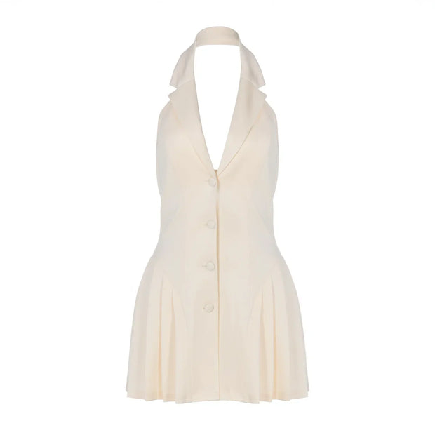 Women's Clothing 2025 Summer New Style Temperament Sexy Dress Hanging Neck Sexy Deep V Suit Collar Cardigan Ruffle Edge Dress