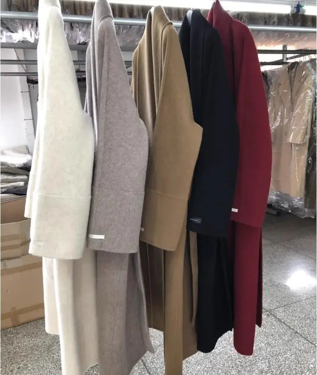 New Women Bathrobe Style Double Sided Wool Coat Loose Big Turn-Down Collar Long Sleeve Fashion Warm Wool Jacket Autumn Winter