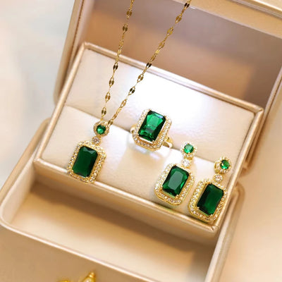 Classic Women's Three Piece Jewelry Set Statement: Jadeite Ring, Fashion Green Zircon Ring, Earrings, Necklace, Wedding Jewelry