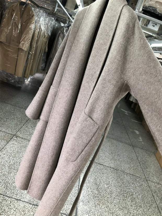New Women Bathrobe Style Double Sided Wool Coat Loose Big Turn-Down Collar Long Sleeve Fashion Warm Wool Jacket Autumn Winter