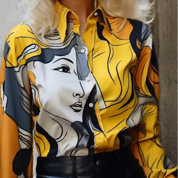 Vintage Print Women Blouse Shirt Fashion Long Sleeve Turn-down Collar Button Shirts Top Casual Ropa De Mujer Ofertas Camisas