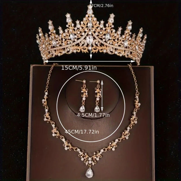 Bridal Wedding Jewelry 4-piece Set, Alloy Crystal Crown&Crystal Necklace&Earrings Women's Classic Wedding Tiaras