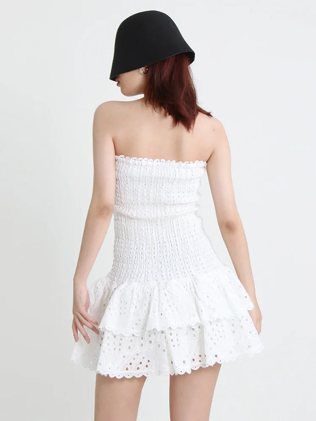 TWOTWINSTYLE Cut Out Layered Hem Sexy Dress For Women Strapless Sleeveless Off Shoulder High Waist Mini Dresses Female Clothing