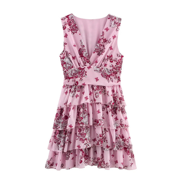 New women's clothing European and American style fashionable simple chiffon multi-layer printed sleeveless dress